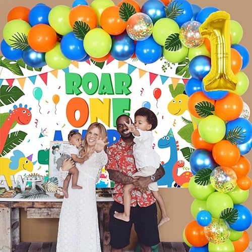 Miniatura 3 de Cheereveal One A Saurus Dinosaur - Kit de decoración de primer cumpleaños con telón de fondo de rugido Oneasaurus y arco de guirnalda de globos