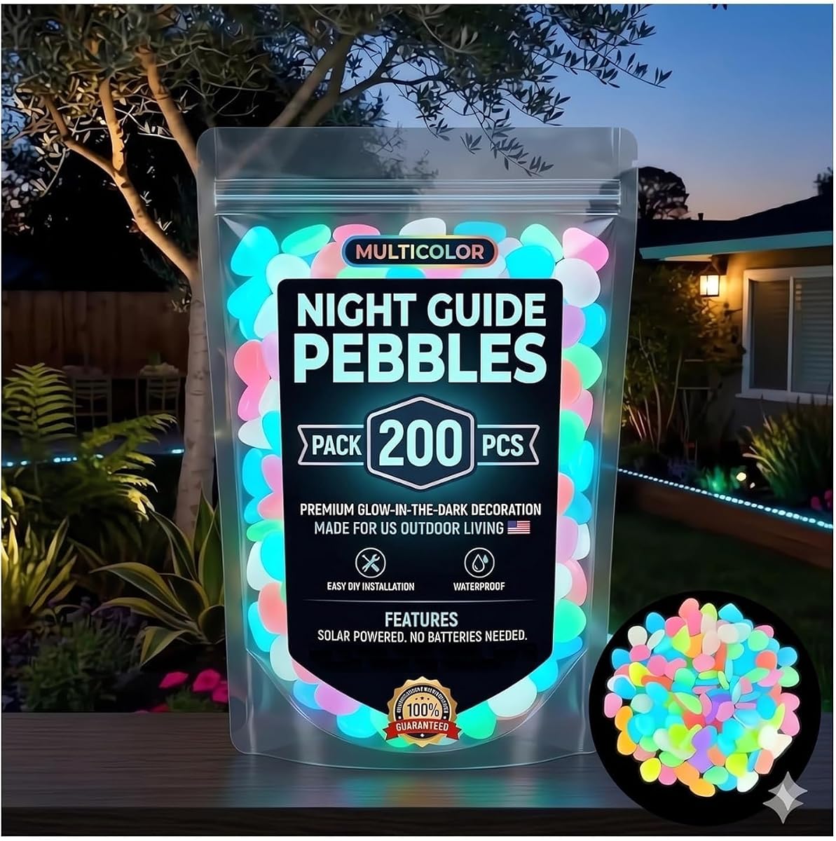 Night Guide Pebbles Solar, Colorful Glow-in-The-Dark Garden Stones, Beautiful Luminous Stepping Stones Glow Rocks for Landscaping Fish Tank Aquarium Walkway Decor (200, Multicolor)