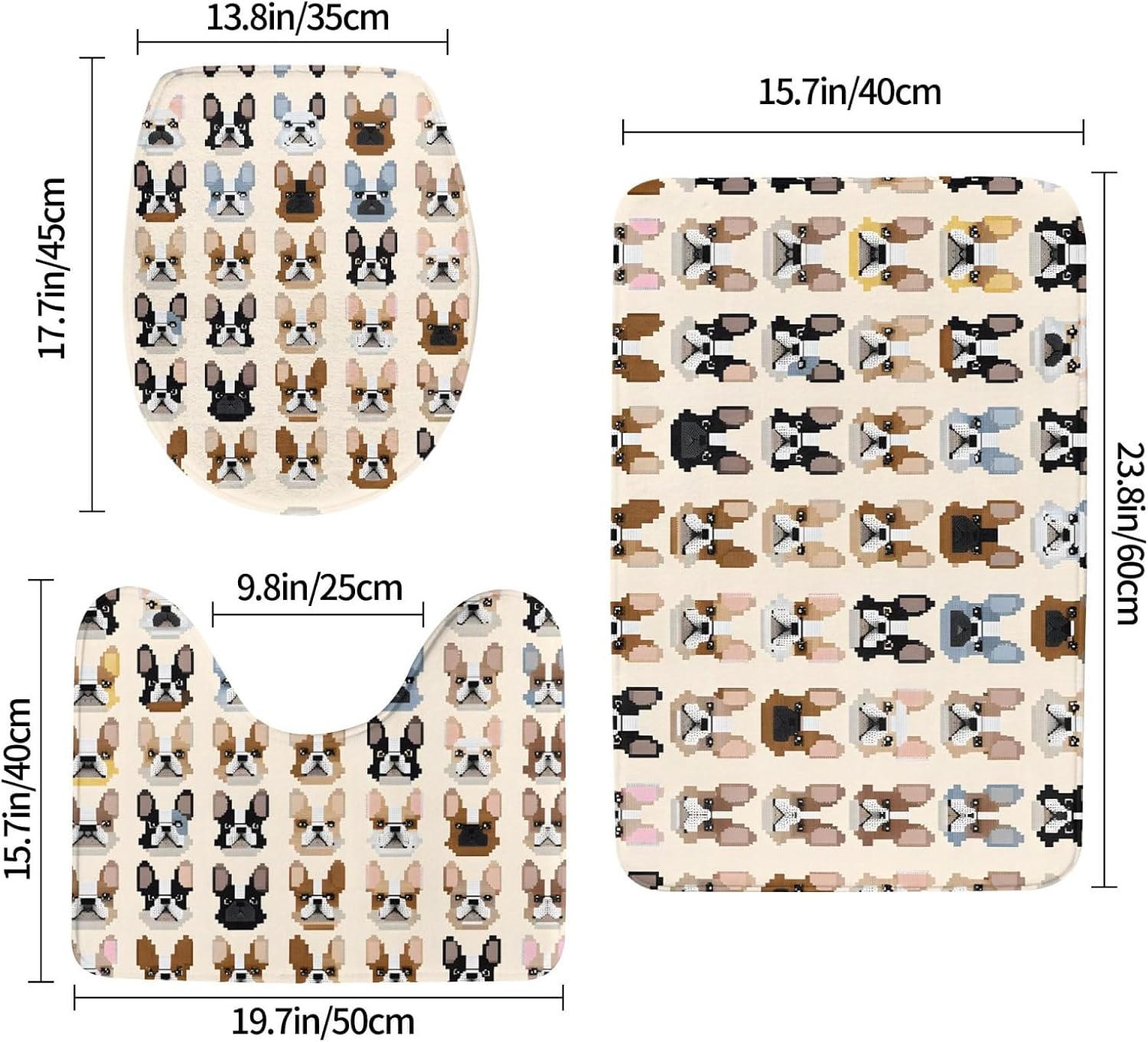 I Love French Bulldog Print 3pc Bathroom Rug Set, Soft Flannel, Non-Slip, Absorbent Bath Mat, Contour & Lid Cover, Hand Wash
