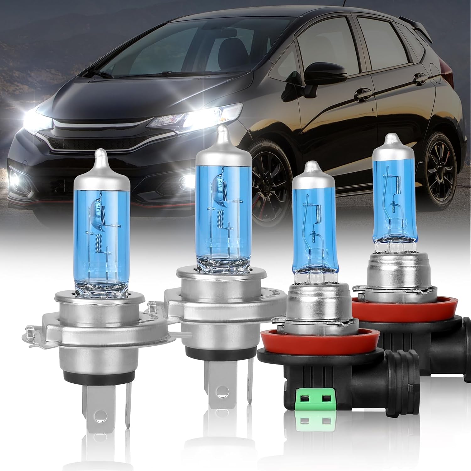 Fit 2007-2018 for Honda Fit Headlight Bulbs, 9003/H4 High Low Deal Beam and H11/H8/H16 Fog light Halogen Bulbs 300% Brightness High Performance Halogen Bulbs 4PCS