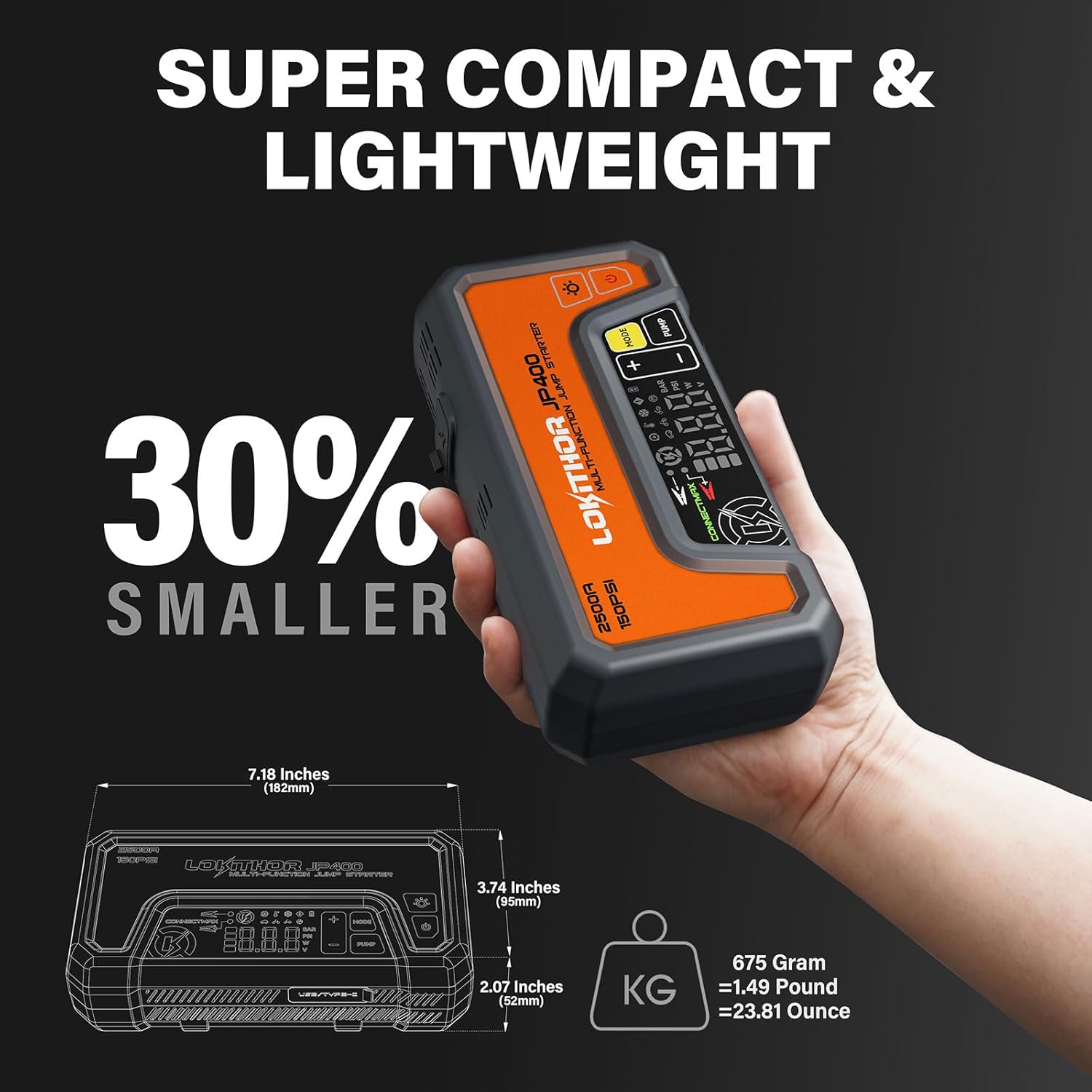 LOKITHOR JP400 Jump Starter with Air Compressor, 2500A Car Battery Jumper Starter Portable for Car 8.5L Gas or 6.5L Diesel, 12V Battery Jump Pack with 150PSI Tire Inflator, Jumper Cables, Storage Case