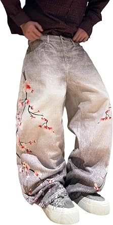 DFGIGT Floral Print Y2K Baggy Jeans for Men Pants