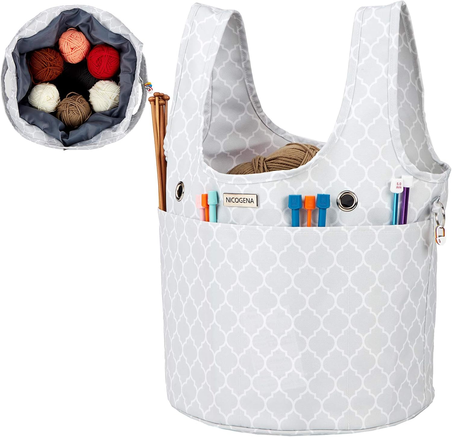 NICOGENA Knitting Bag with Drawcord Closure, Large Capacity Yarn Storage Wristlet Tote for Ongoing Project and Accessories, 2 Oversized Grommets, Lantern White