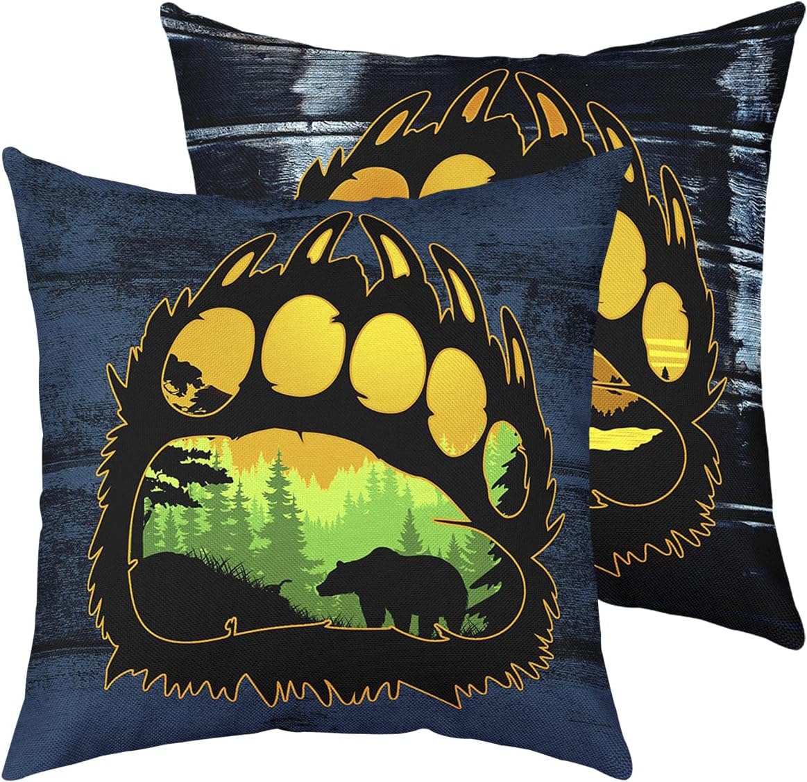 Set of 2 Rustic Bear Paw Print Throw Pillow Covers,Cabin Deer Hunting Cushion Case for Home Living Room Decor, Reversible Farmhouse Animals Navy Blue Decorative Throw Cushion Case, 16x16 Inc
