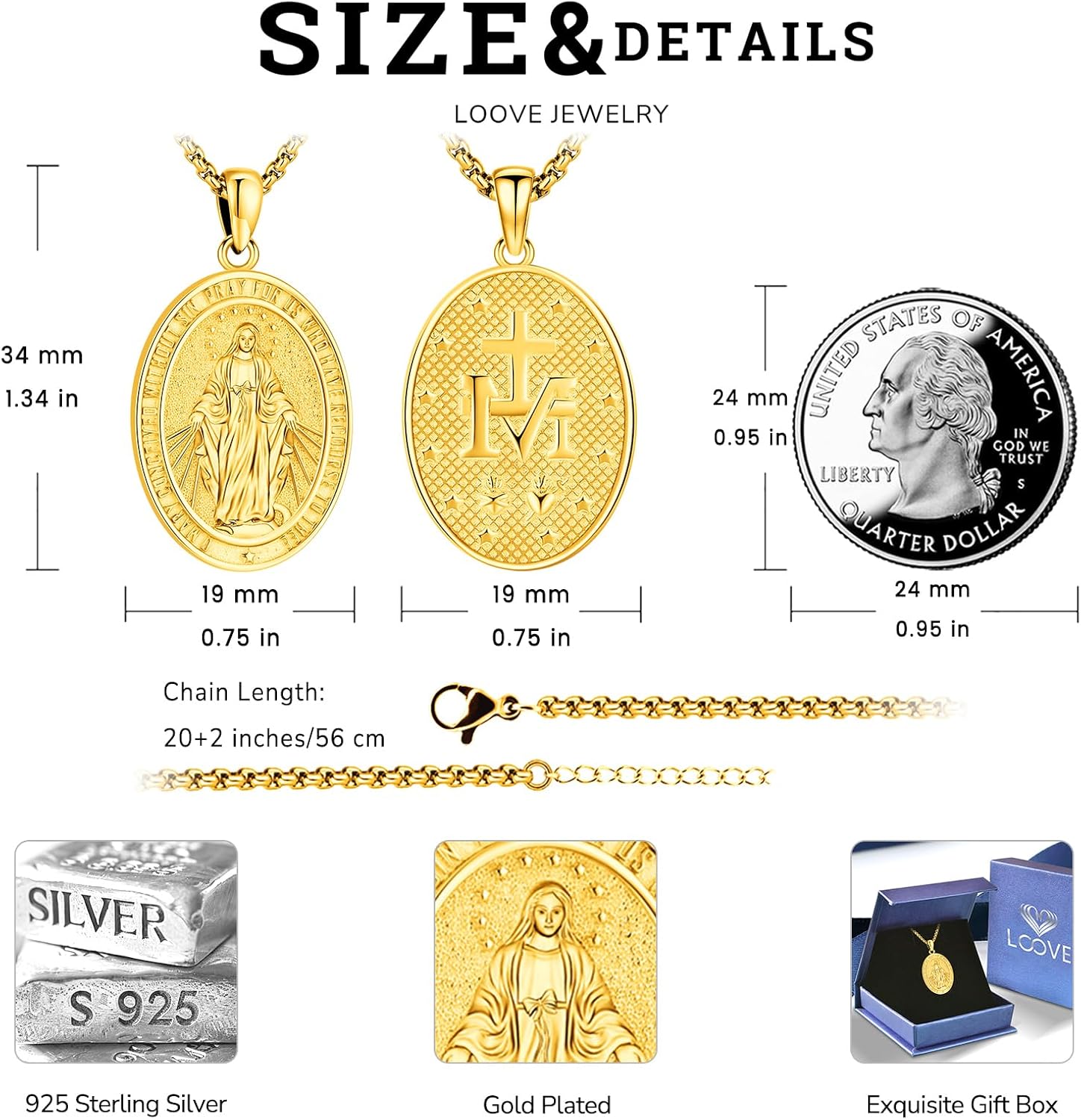 S925 Sterling Silver Miraculous Medal Necklace for Women Men Catholic Virgin Mary Charm Pendant Necklace Blessed Mother Pendant Christian Jewelry - Image 3