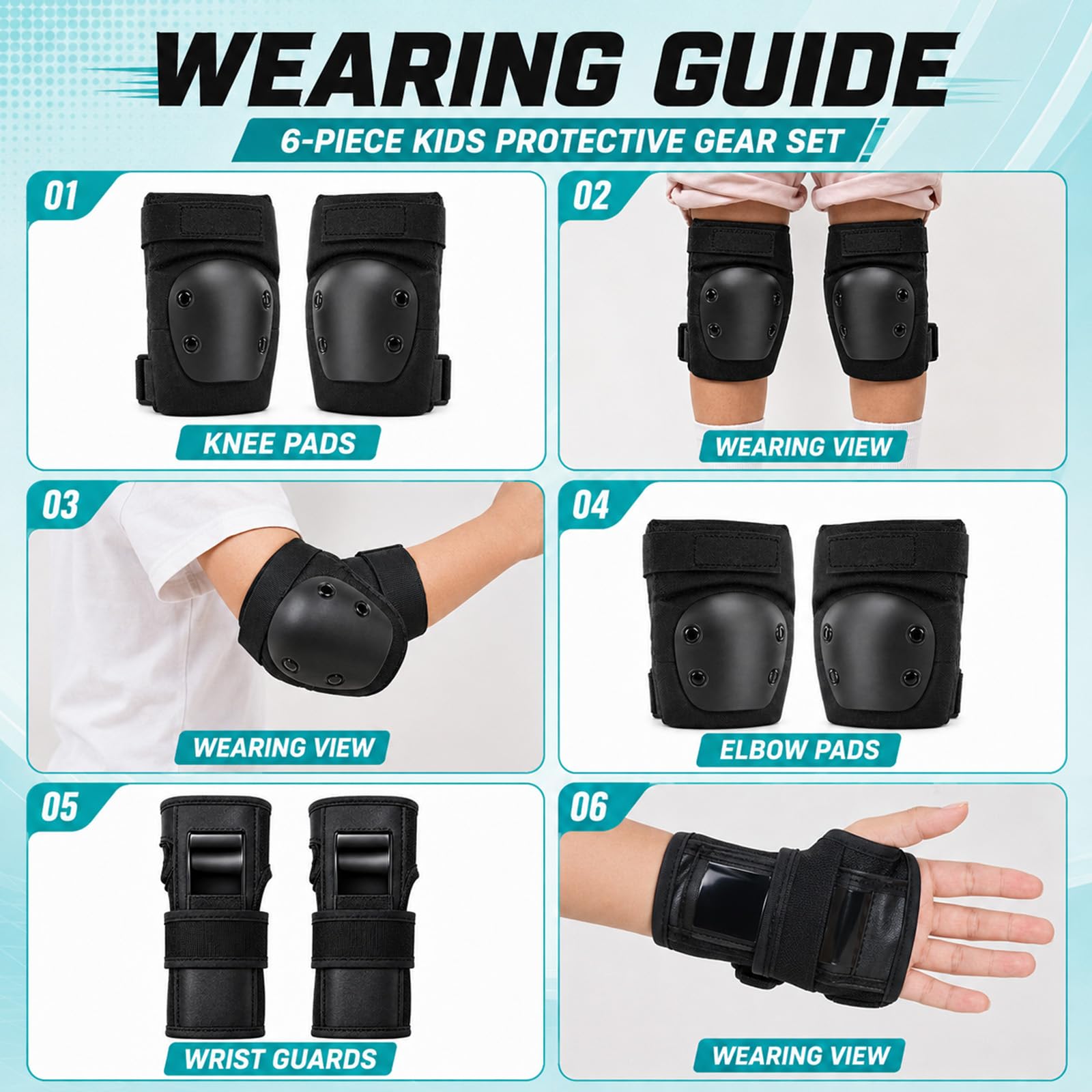 Ensemble de Protection 6 en 1 pour Enfants, genouillères, coudières, protège-Poignets avec Coque en polypropylène et Coussin EVA, Coussinets réglables pour Patinage à roulettes, Skateboard