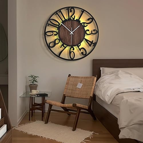 Miniatura 7 de LEIKE Reloj de pared LED grande, silencioso, sin tictac, funciona con pilas, rústico, redondo, moderno, reloj de pared de madera grande para sala de