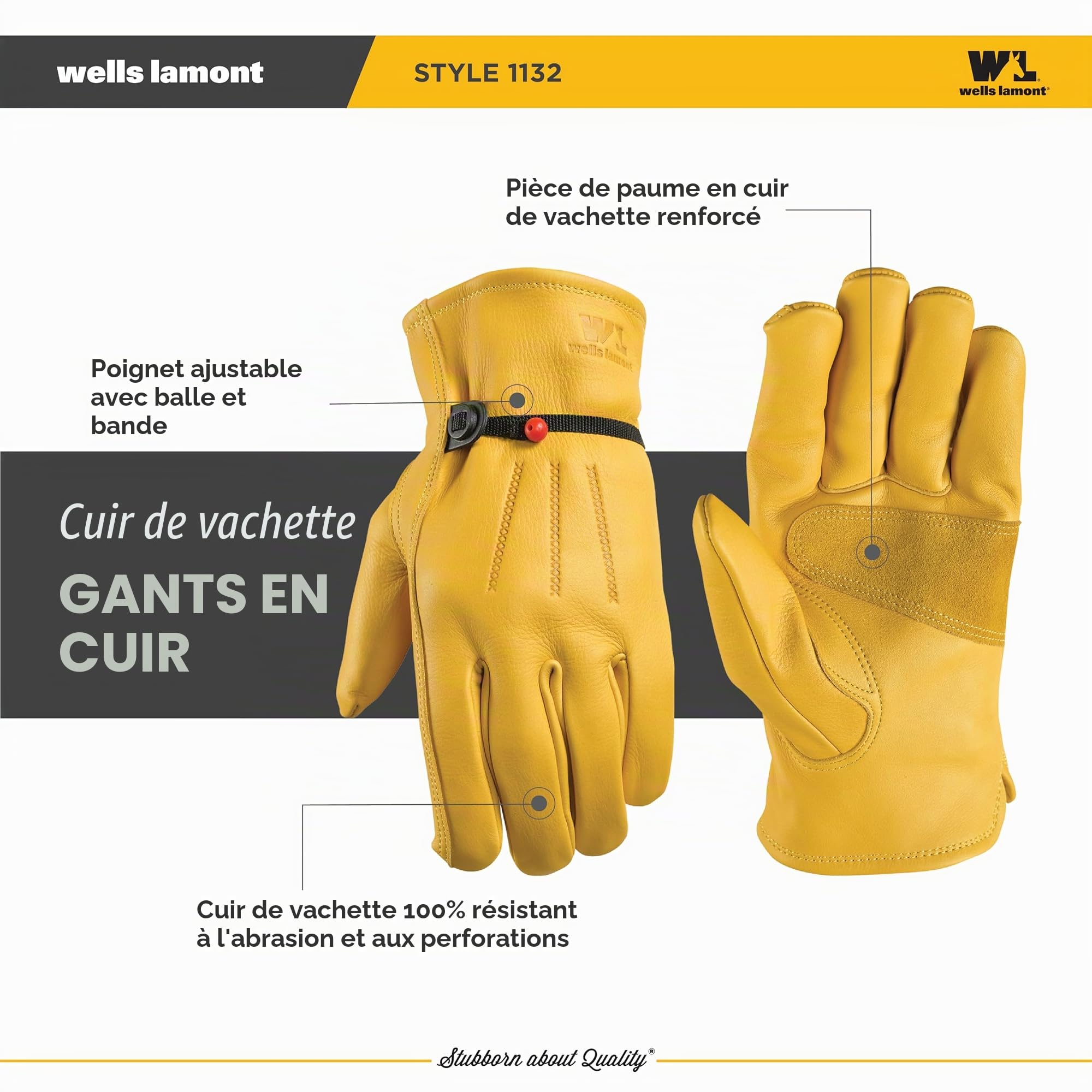 Wells Lamont Premium Heavy Duty Grain Cuir de vache Entièrement en cuir Gants de travail, cuir reliées, Self-hem, boule et bande poignet Cinch, Palm Patch, 1132L