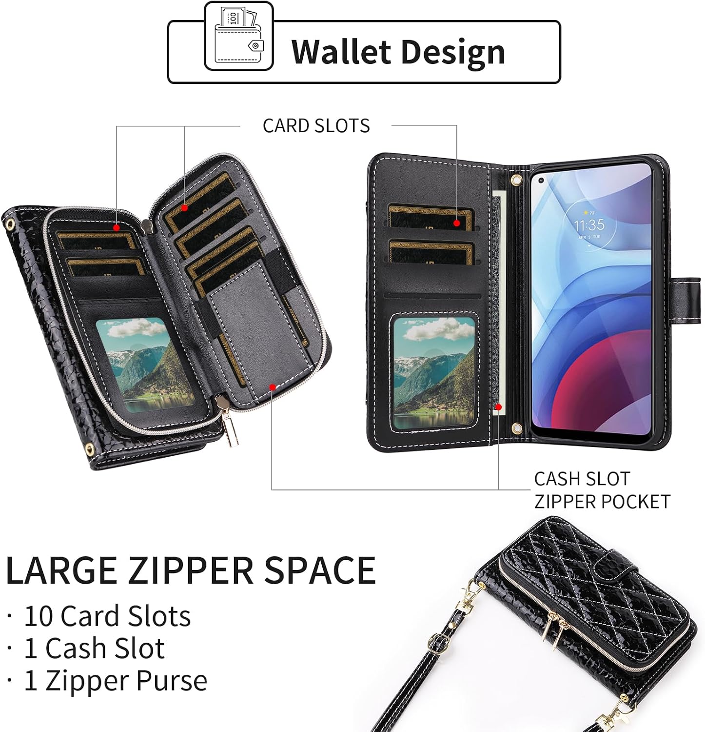 Argyle Wallet Case for Moto G Power 2021 with Crossbody/Wrist Strap Luxury PU Leather Stand Zipper Purse Shockproof Card Holder Cell Phone Cover for Motorola GPower 21 5G Version XT2117-4 Black