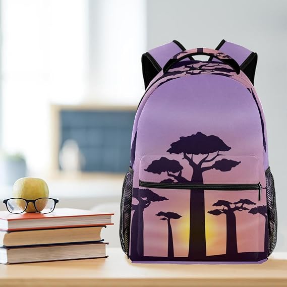 Laptop Backpack, Purple Dusk Baobab Silhouette Durable School Backpack for College High School, Water Resistant Travel Hiking Ruckpack
