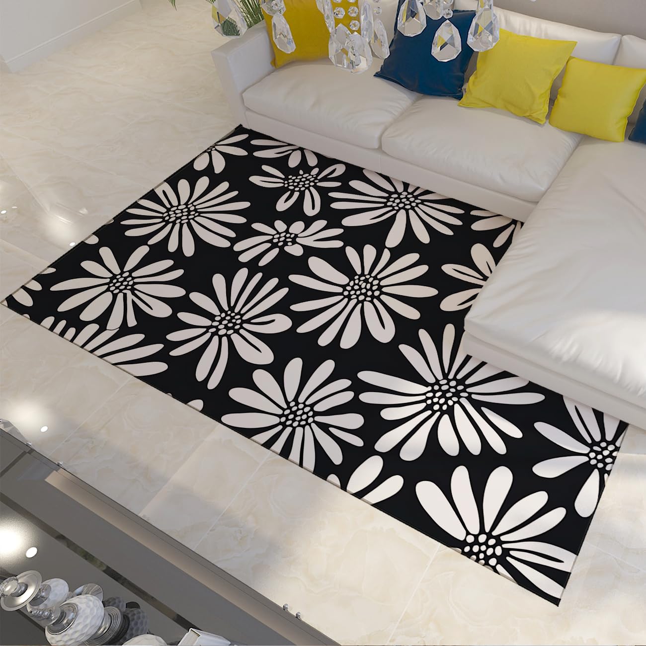 Tapis minimaliste noir et blanc 180x270cm solution tapis salon anti-peluche