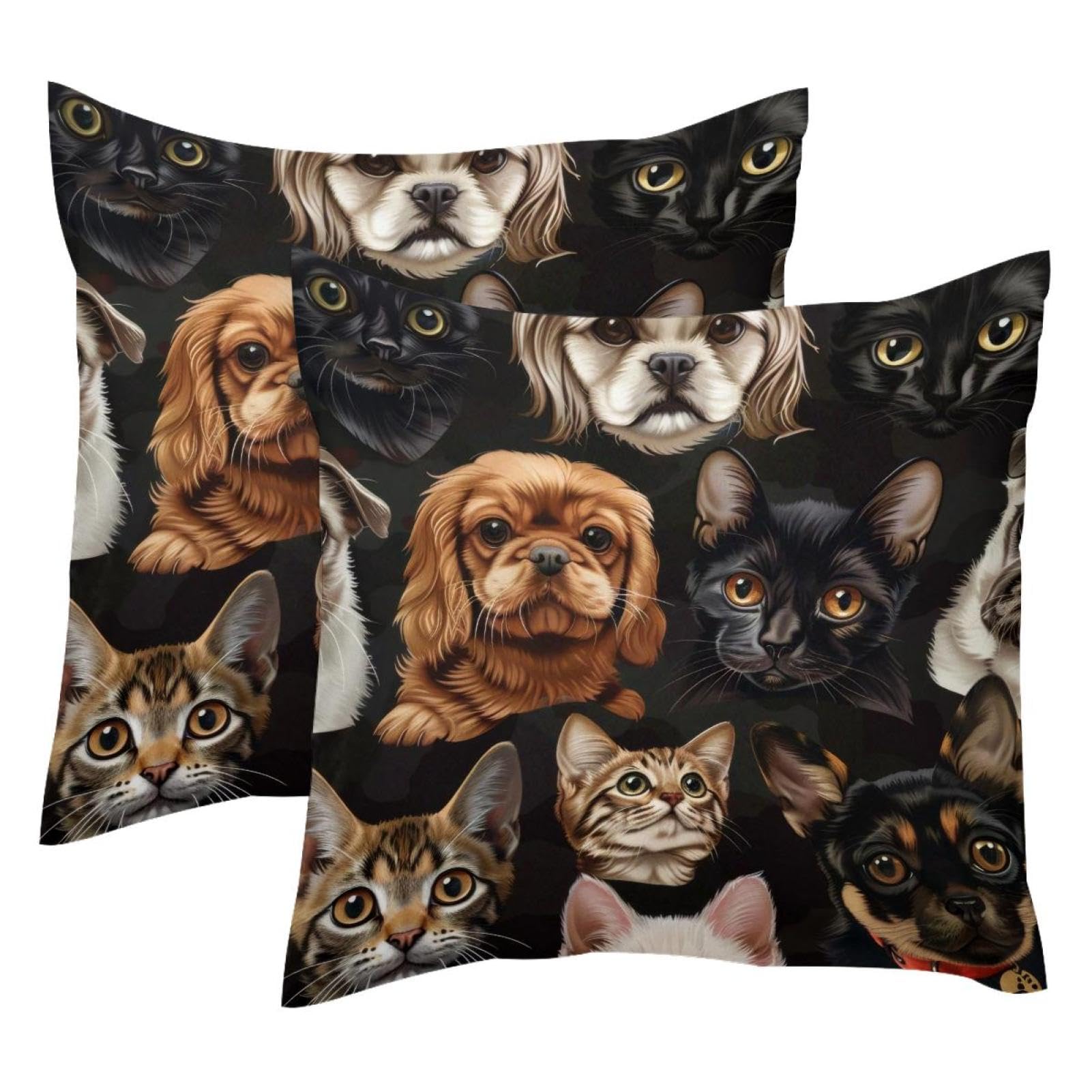 Housses de coussin en velours motifs chiens et chats 50x50 cm lot de 2