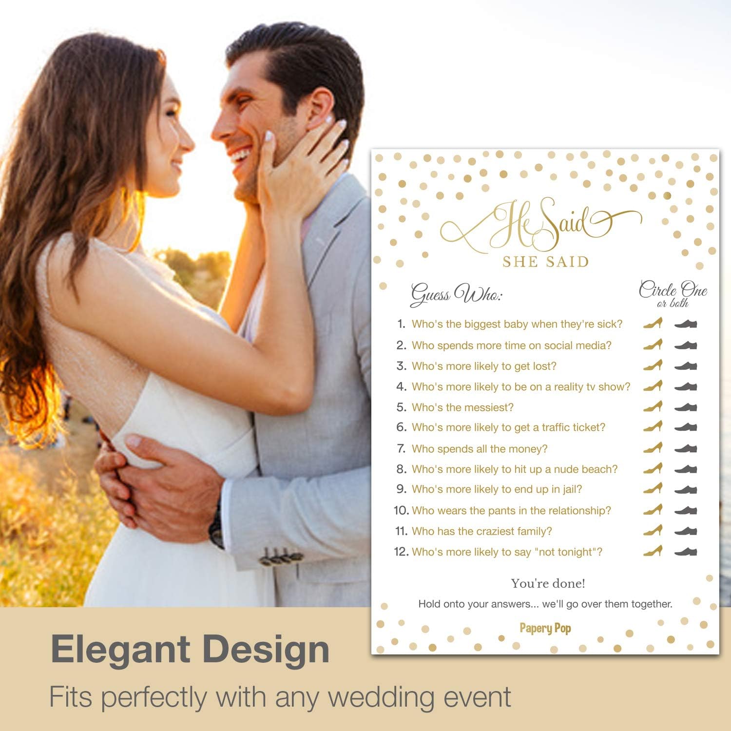 He Said She Said (50 Pack) - Bridal Shower Games - Wedding Shower Games - Wedding Games - Bachelorette Party Games - Gold