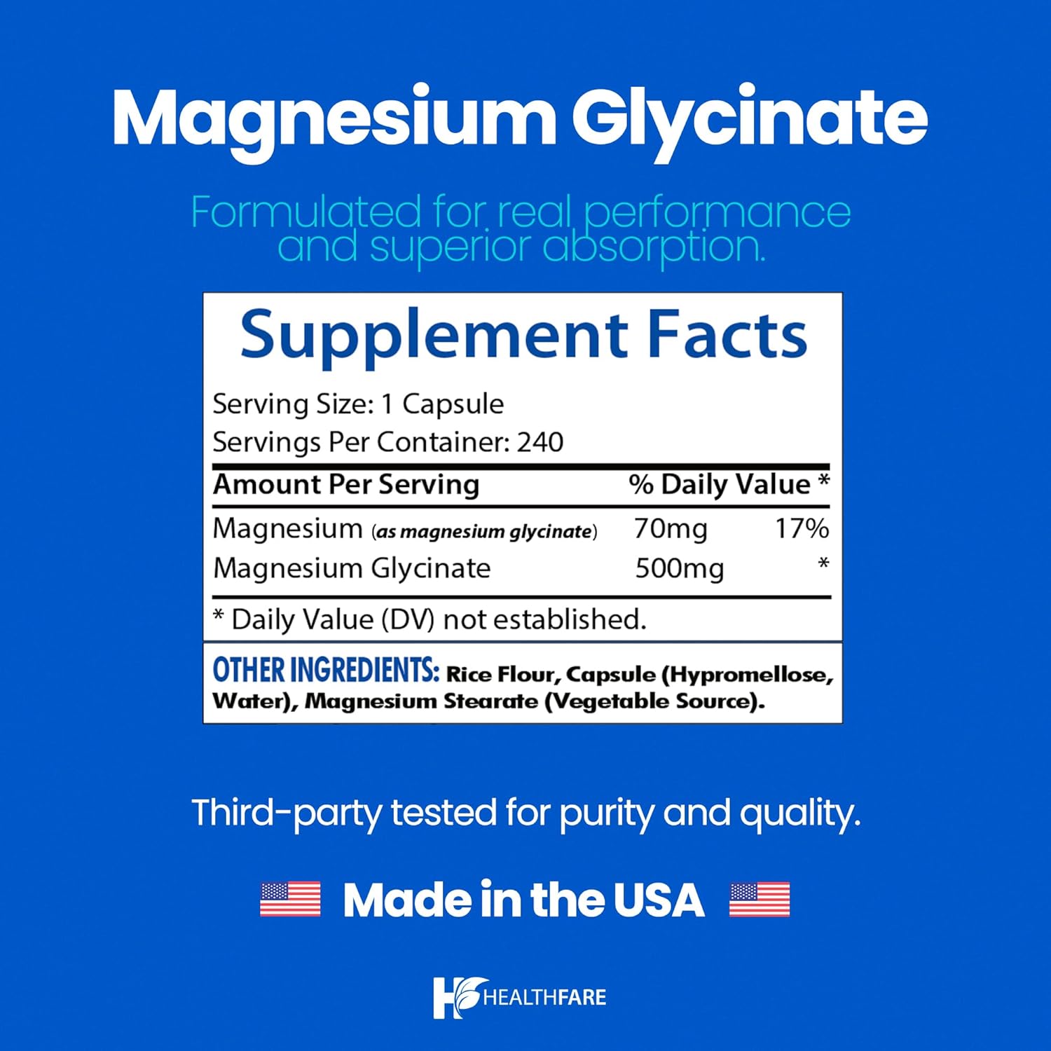 HealthFare Magnesium Glycinate 500mg | 240 Veg Capsules | High-Absorption Chelated Magnesium | Gluten-Free | Non-GMO | Made in The USA - Image 3
