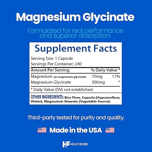 Miniatura 5 de HealthFare Glicinato de magnesio 500 mg  240 cápsulas vegetales  Magnesio quelado de alta absorción  Sin gluten  Sin OMG  Fabricado en los Estados