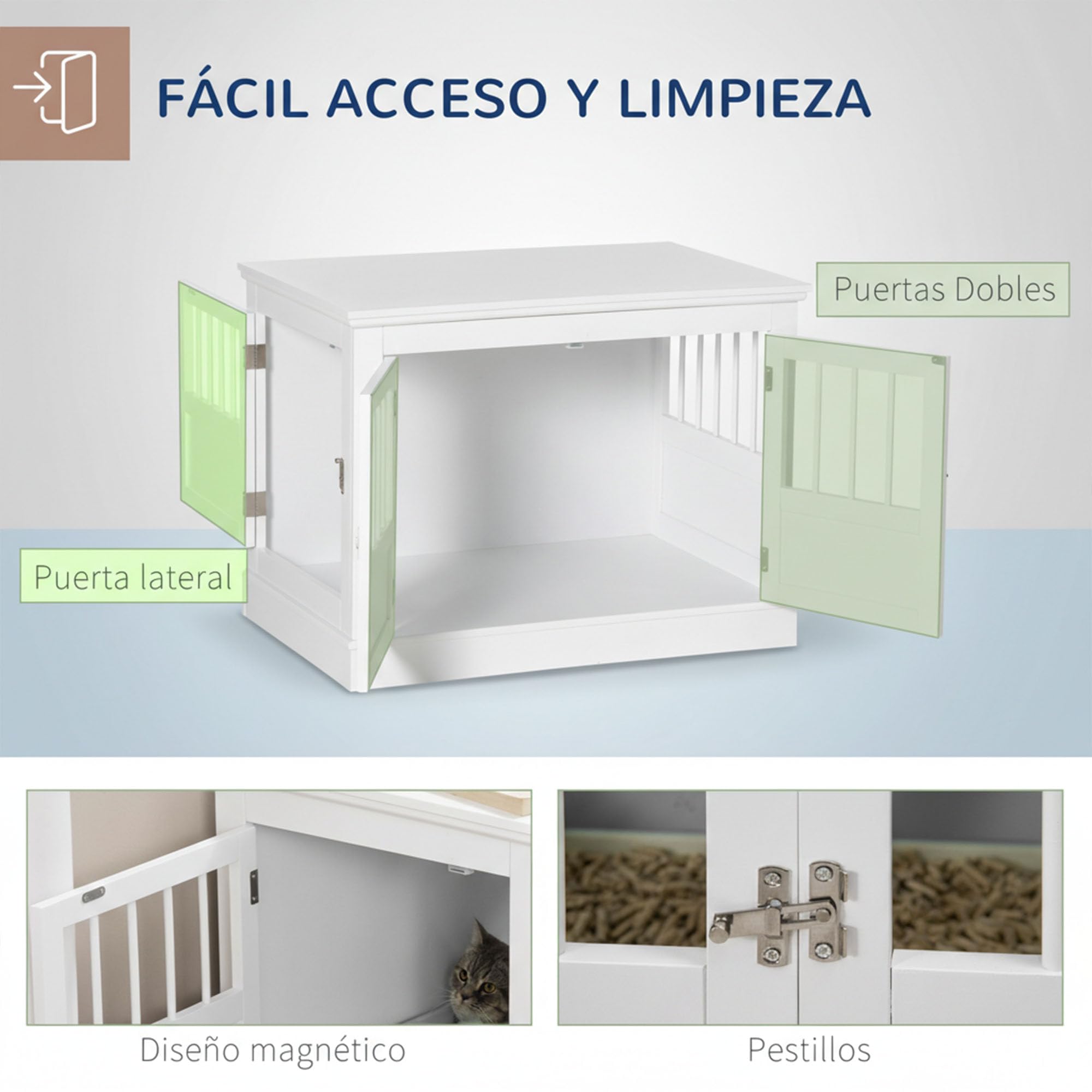 PawHut Jaula para Perros, Mesa Auxiliar, Casa para Mascotas Moderna con 3 Puertas Francés con Cierre Magnético, para Perros Pequeños, 78x53x59,3 cm, Blanco