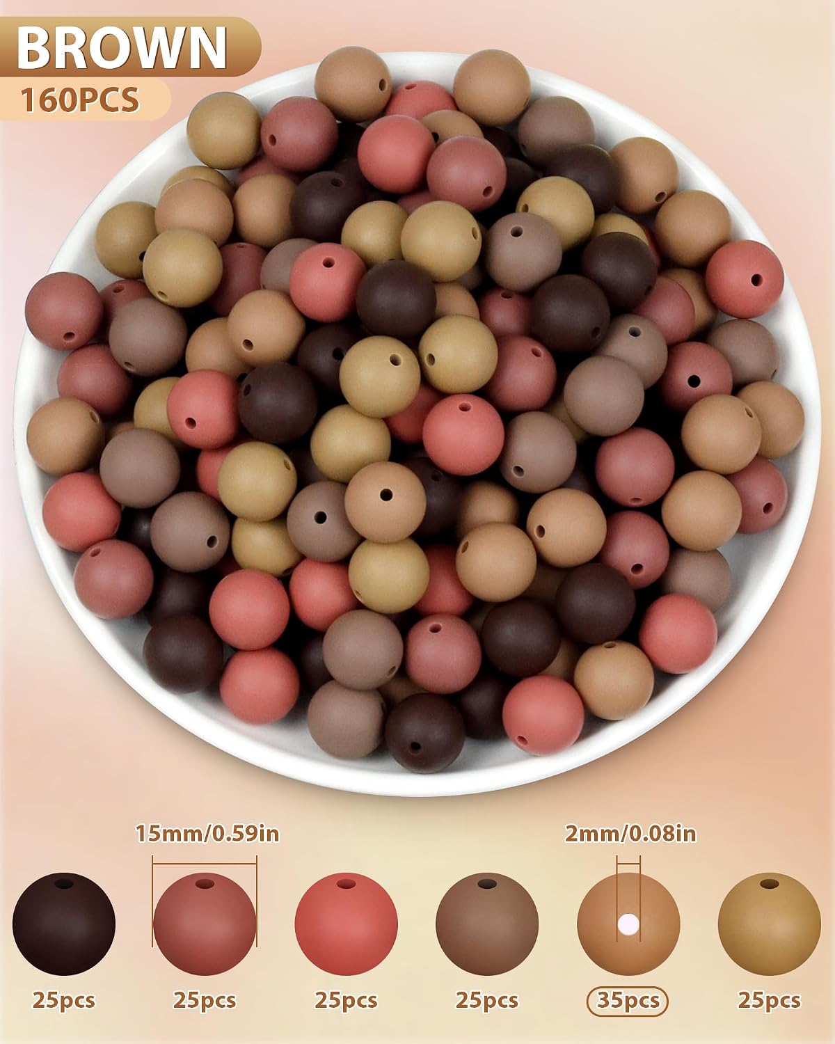 FIVEIZERO 160PCS 15mm Round Silicone Beads, Brown image 2