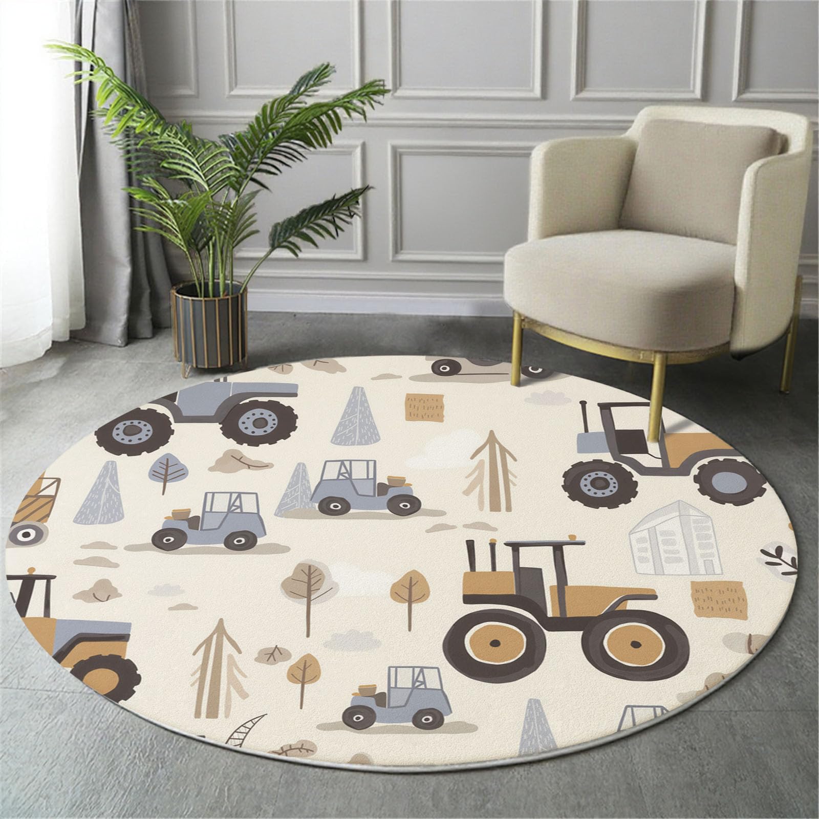 Tappeto Rotondo Stile Di Illustrazione Per Bambini, Tappeto Stampa Veicoli Da Costruzione Forestali Flanella Morbido, Tappeti Marrone Salotto Antiscivolo Lavabile, per Camera Bambini Cameretta 150cm