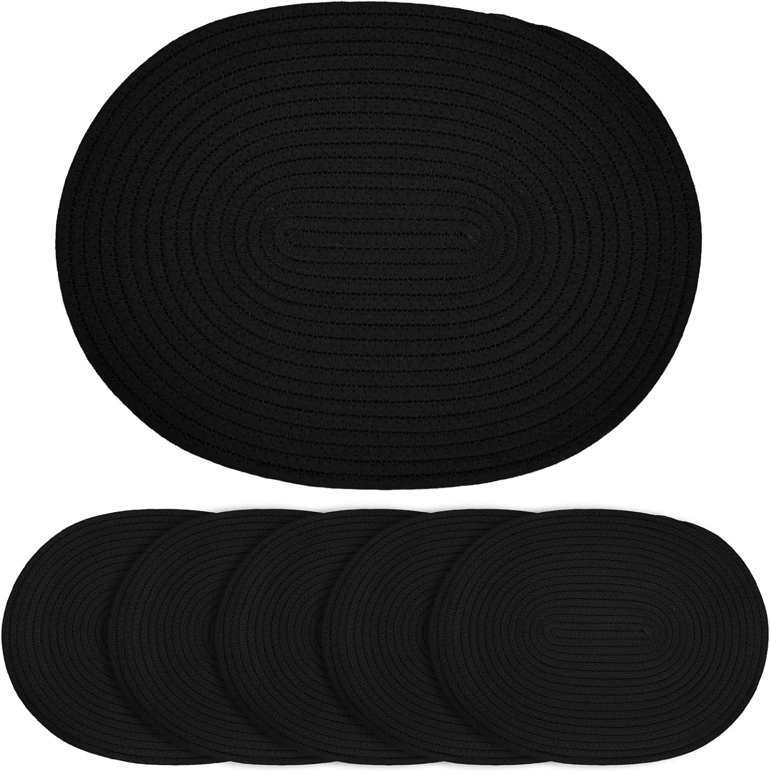 Oval Woven Cotton Placemats Set of 6, Thick Braided Rope Table Mats, 17 x 13 Inches Large Non Slip Heat Resistant Place Mats for Dining Table, Farmhouse Boho Hot Pads for Kitchen Decor (6, Black)