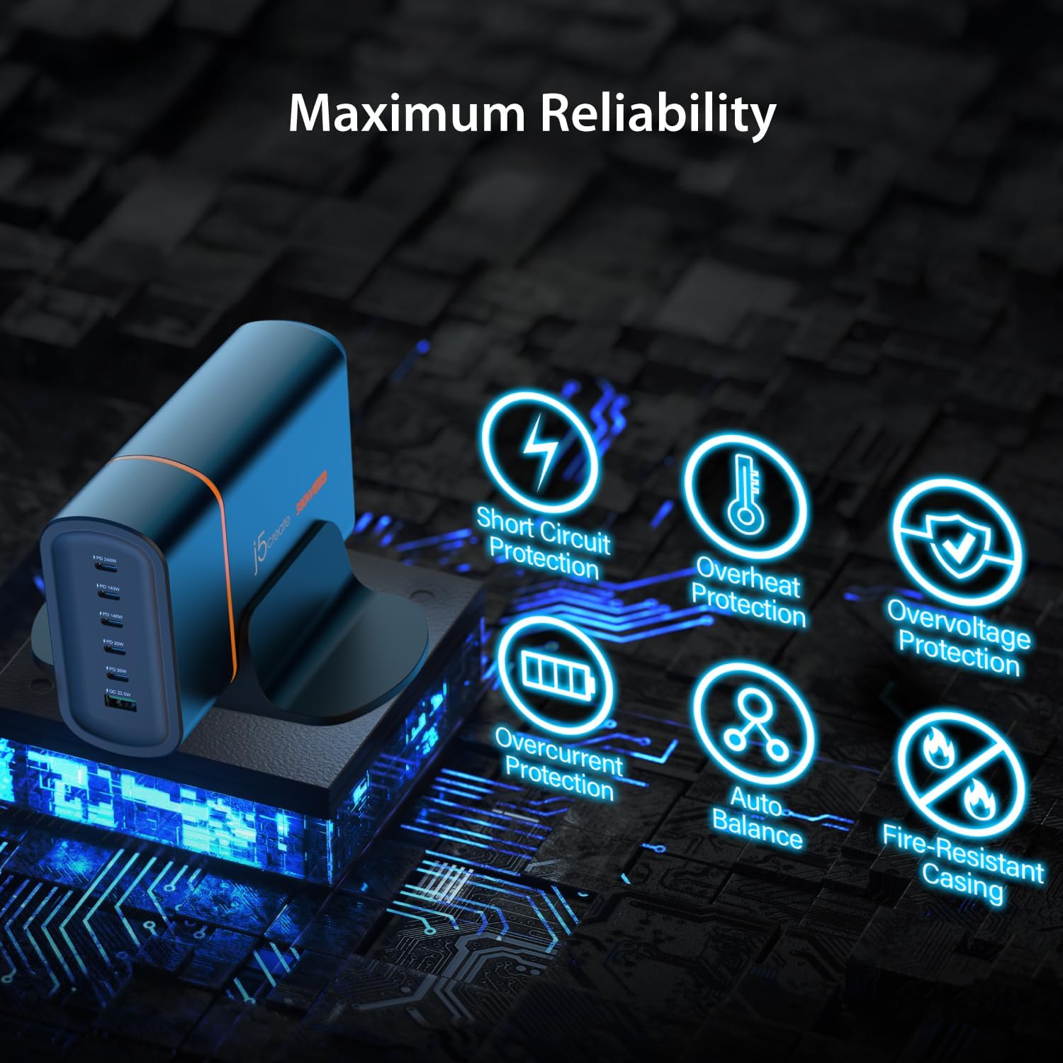 j5create 380W GaN USB‑C 6‑Port Charger – for Laptops, Tablets, Smartphones, Game Consoles | 240W PD3.1 + 5 USB‑C & 1 USB‑A Ports | Compact Desk Station with Extended AC Cord and Stand (JUP67380)