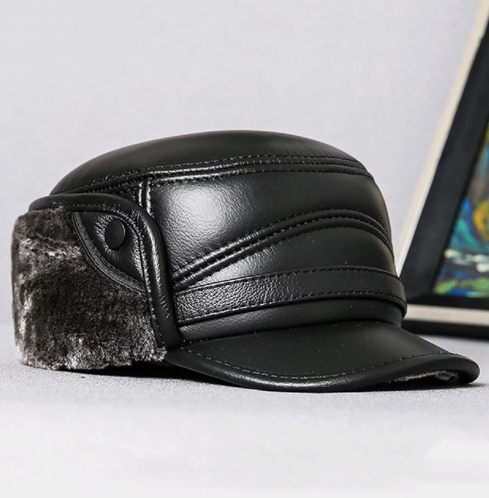 Gorra de Invierno de Cuero con Visera Gorro de Caza con Orejeras Gorro de béisbol Cálido