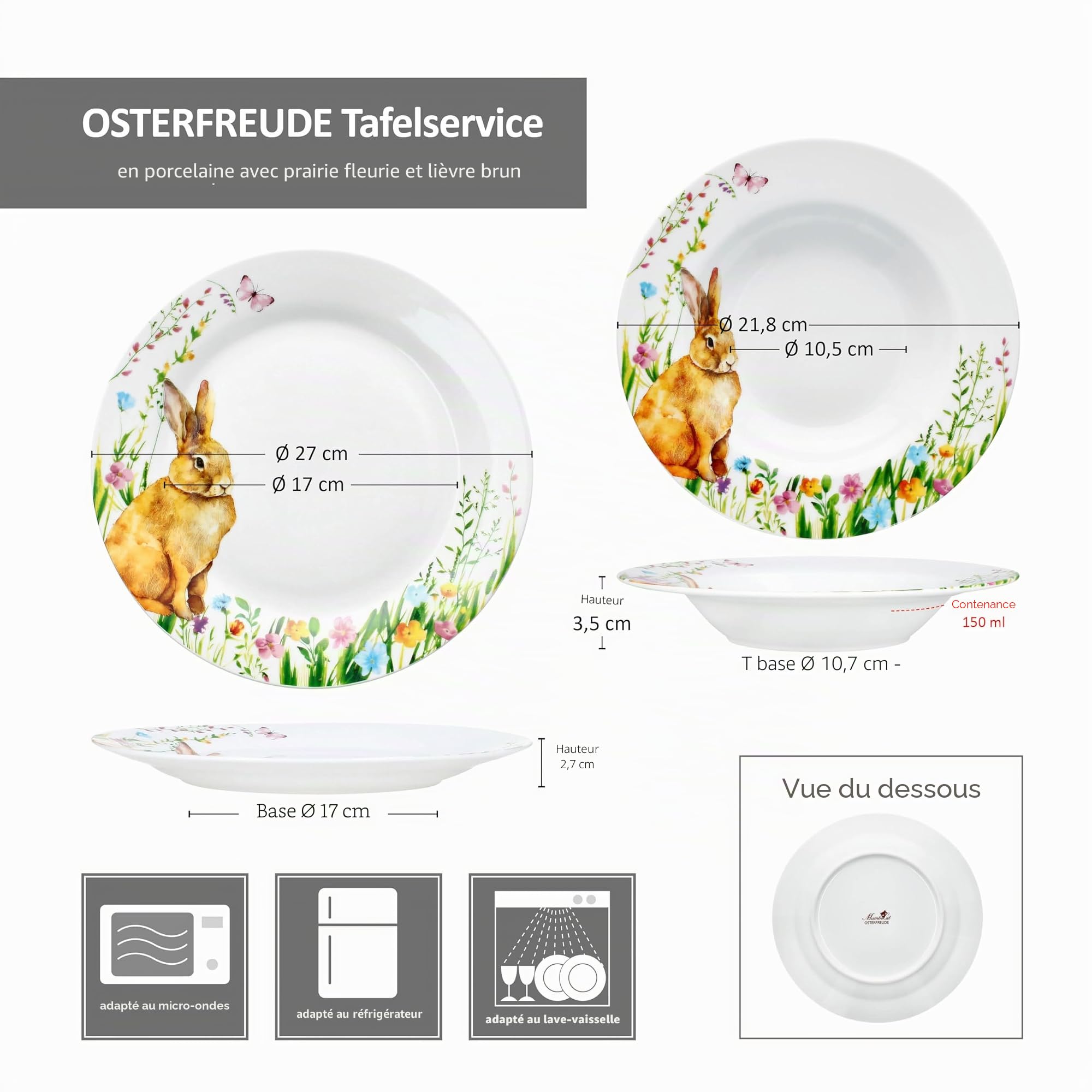 MamboCat Service de table 12 pièces Osterfreude I Vaisselle en porcelaine printanière avec décor lapin de Pâques pour 6 personnes I 6 assiettes creuses et 6 assiettes plates pour le petit-déjeuner, le