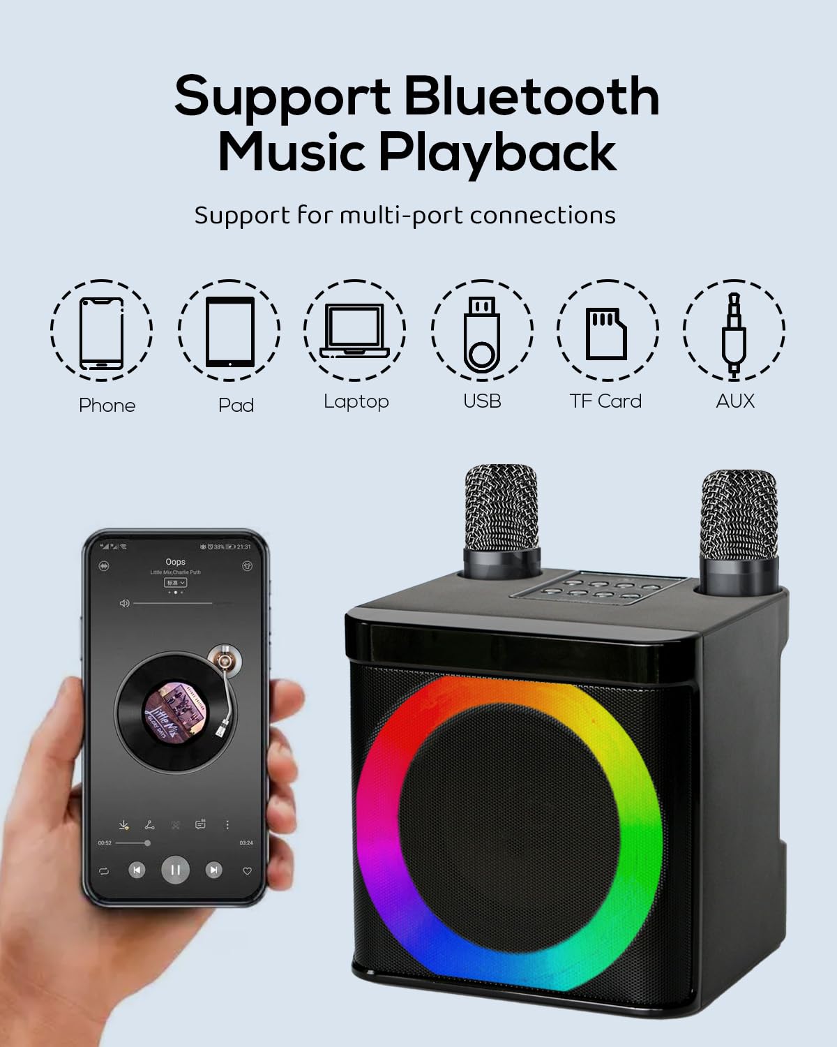 Karaoke 2 Microfonos Inalambricos, Karaoke Profesional Portatil | Altavoz Karaoke Infantil & Adultos, Inalámbricos Mini Karaoke Completo Bluetooth, Efectos de Cambio de Voz y Luces LED