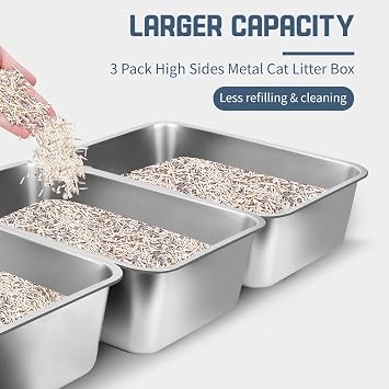 XL Stainless Steel Cat Litter Box 3 Pack, Large Metal Litter Pan
