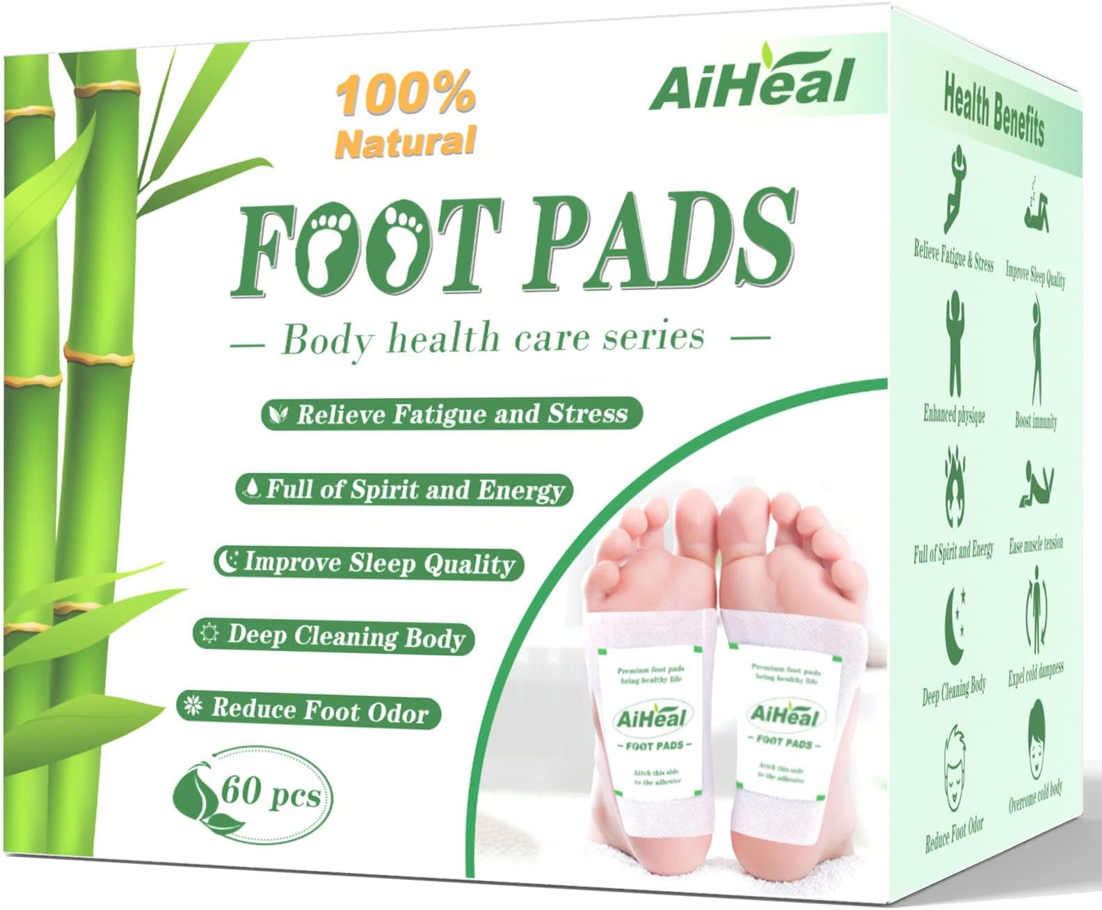 Foot Pads (60 Pcs) - Bamboo Fabric, Green, Unisex-Adults
