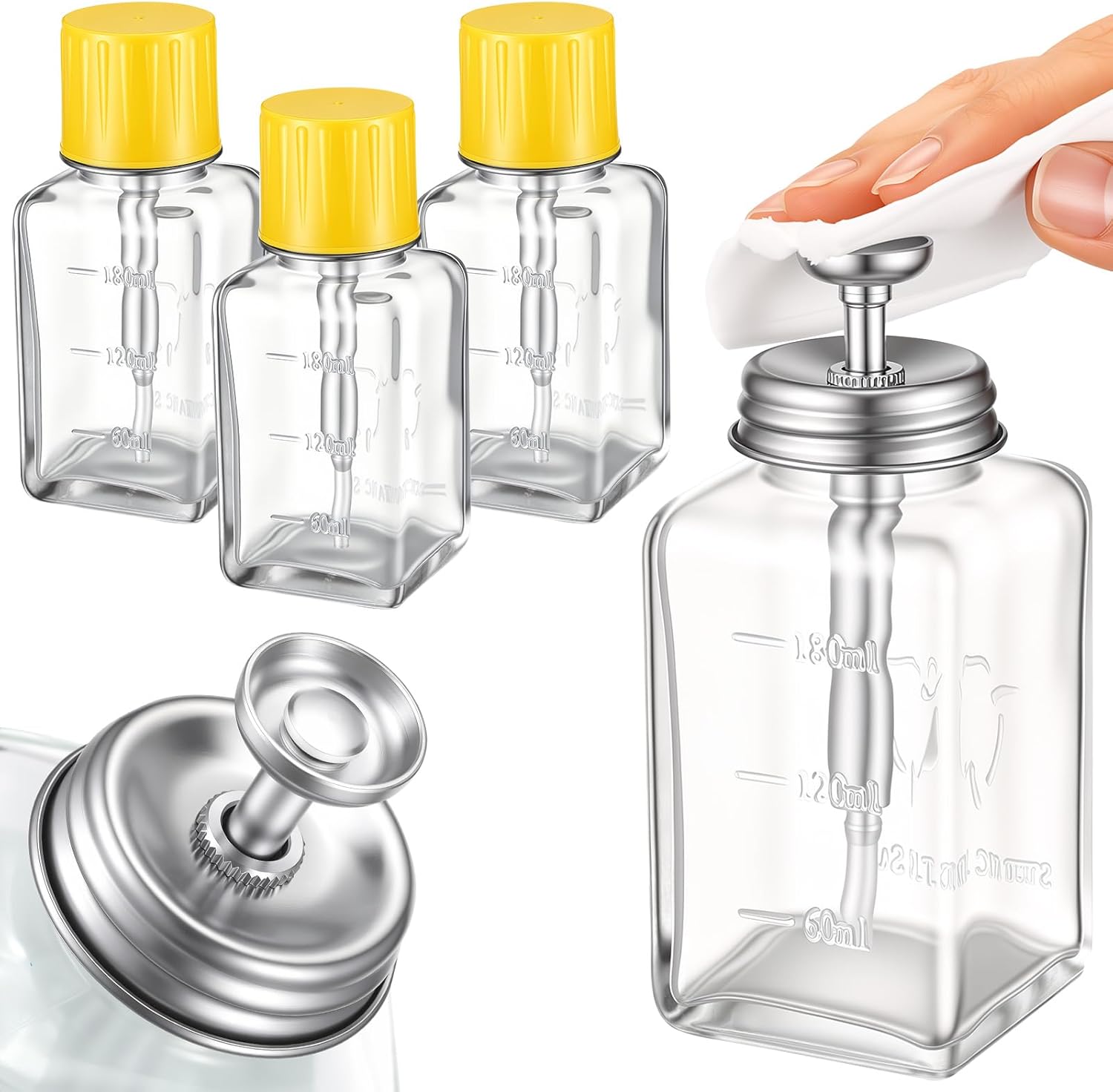 Domensi 4 Pcs 6 Oz/ 180 ml Glass Push Down Pump Dispenser Bottles, Square Glass Push Down Liquid Dispensers for Alcohol Makeup Nail Polish Remover Clear Refillable Hand Pumping Press Container