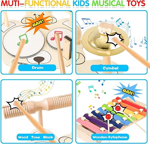Miniatura 3 de Juego de instrumentos musicales para niños pequeños, instrumentos de percusión de madera 9 en 1 para niños, instrumentos musicales Montessori para