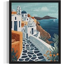 aj decor Santorini Greece Unframed Wall Art Print Poster, Retro Vintage Landscape Landmarks Painting Artwork 224 Santorini Greece, 14" L x 11" W, Unframed
