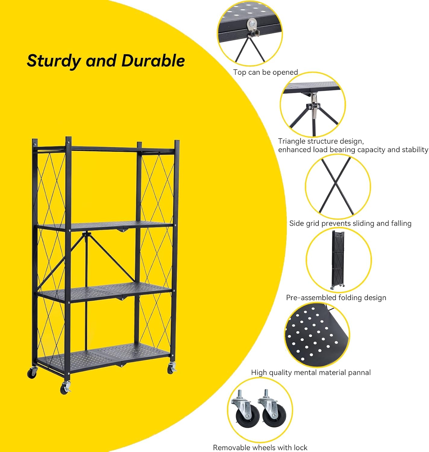 BRIAN & DANY 4-Tier Foldable Storage Shelves with Wheels, Folding Metal Rack Shelving Unit, Heavy Duty No Assembly Organizer Shelf for Garage, Kitchen, Basement, Pantry, Black - Image 4