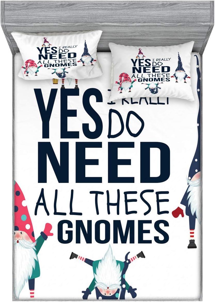 Ambesonne Saying Fitted Sheet & Pillow Sham Set, Yes I Really Do Need All These Gnomes Christmas Garden Theme Xmas Winter Season, Decorative Printed 3 Piece Bedding Decor Set, Full, Dark Sky