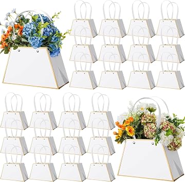 Noveread 24 Pcs Floral Bar Floral Gift Bags Bulk Portable Flower Purse Bouquet Box Wrapping Paper Bag with Handle Florist Wrap Centerpiece Box for Women Anniversary Wedding BirthdayWhite