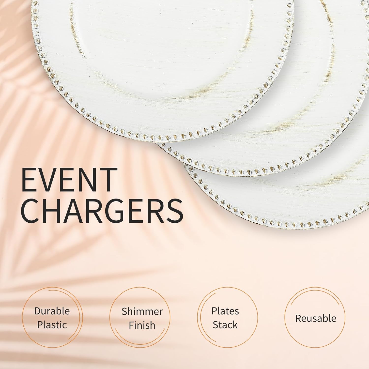 50 Pcs Vintage White Charger Plates Bulk,13 inch Round Beaded Plate Chargers for Dinner Plates, Decorative Dinner Chargers Plastic Table Chargers for Wedding Holiday Party Event Decoration