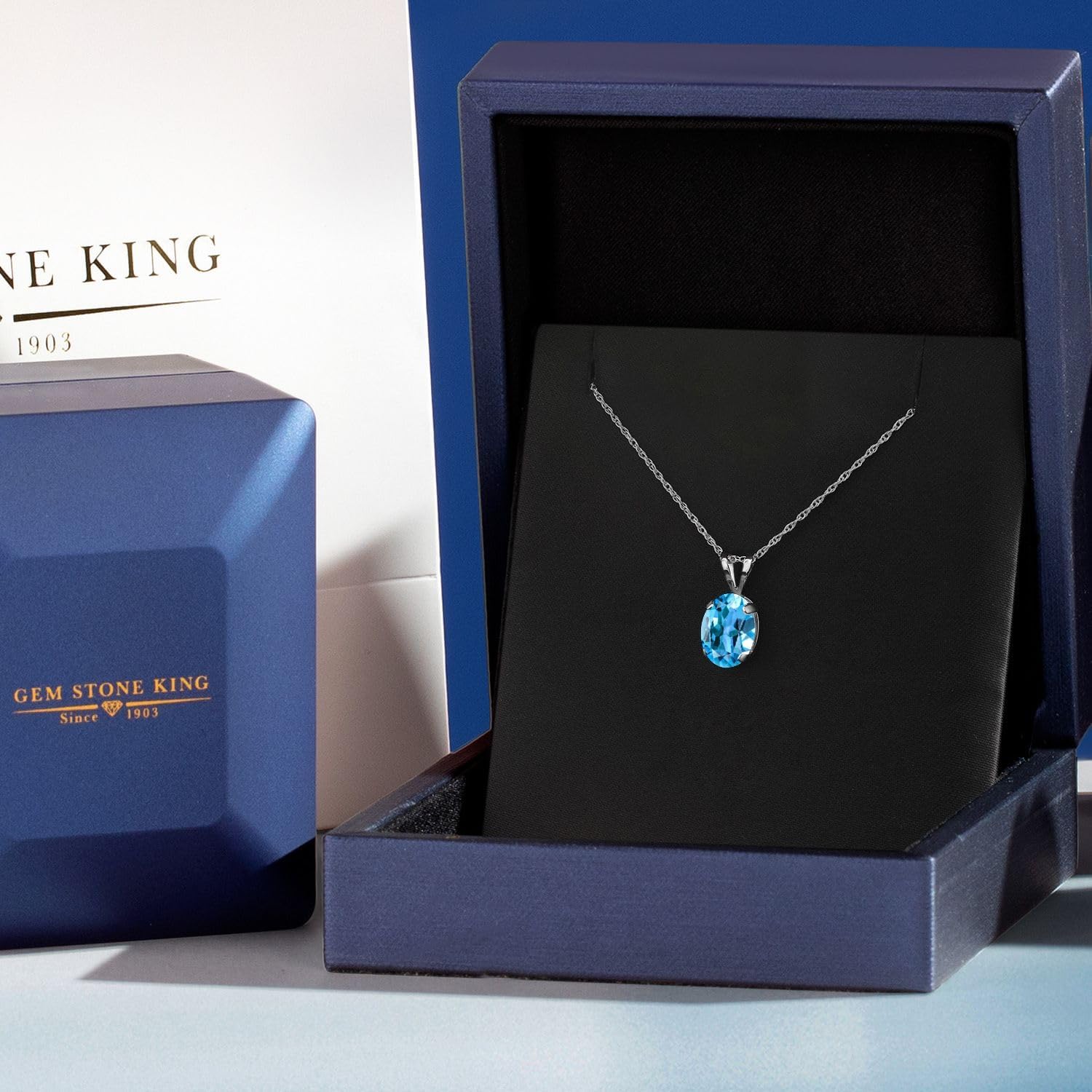 Gem Stone King 1.00 Ct Oval Swiss Blue Topaz 14K White Gold Pendant with Chain - Image 5