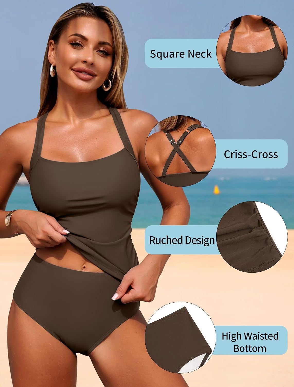 ZAFUL Women's Tankini Swimsuits Tummy Control Swimwear Two Piece Bathing Suits Swim Top with High Waisted Bottom thumbnail