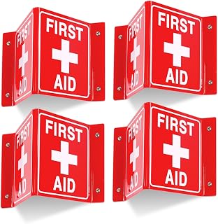 T&R First Aid Sign, First Aid with Cross Symbol - 4 Pack - 8 x 6 Inches Acrylic, 4 pre-drilled holes, Includes Matching Screws, Use for Office/Business