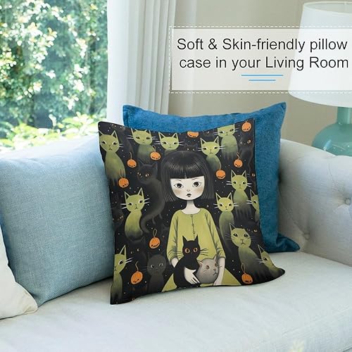 Miniatura 8 de Funda de cojín de 24 x 24 pulgadas, gatos negros y niñas, para exteriores, decoración moderna, decoración de Halloween, otoño, cojines decorativos