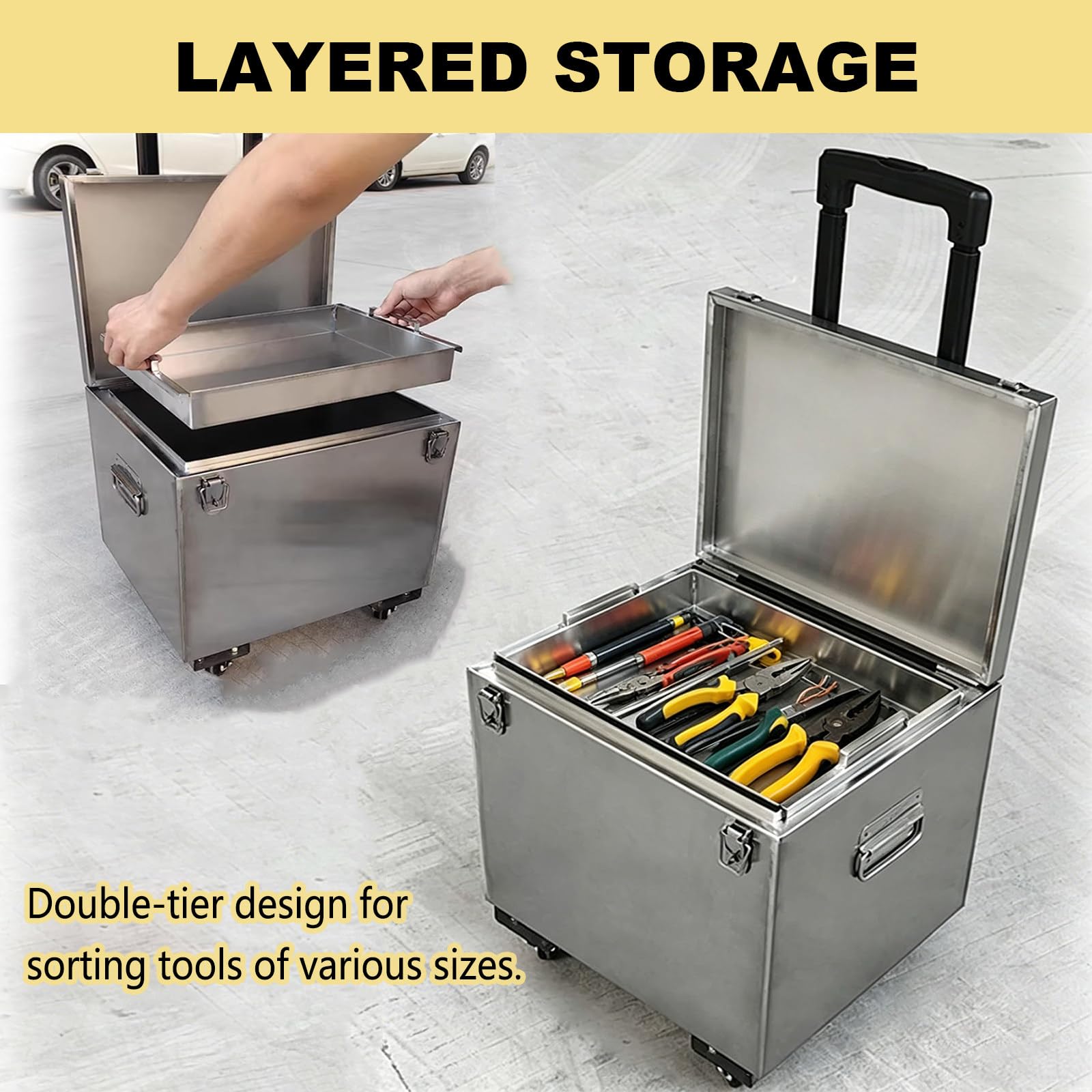 Mobiler Werkzeugwagen aus Edelstahl, 150 kg Tragkraft, große Aufbewahrungsbox mit oberer Ablage für Handwerkzeuge und Hardware, Maße 50 x 35 x 35 cm