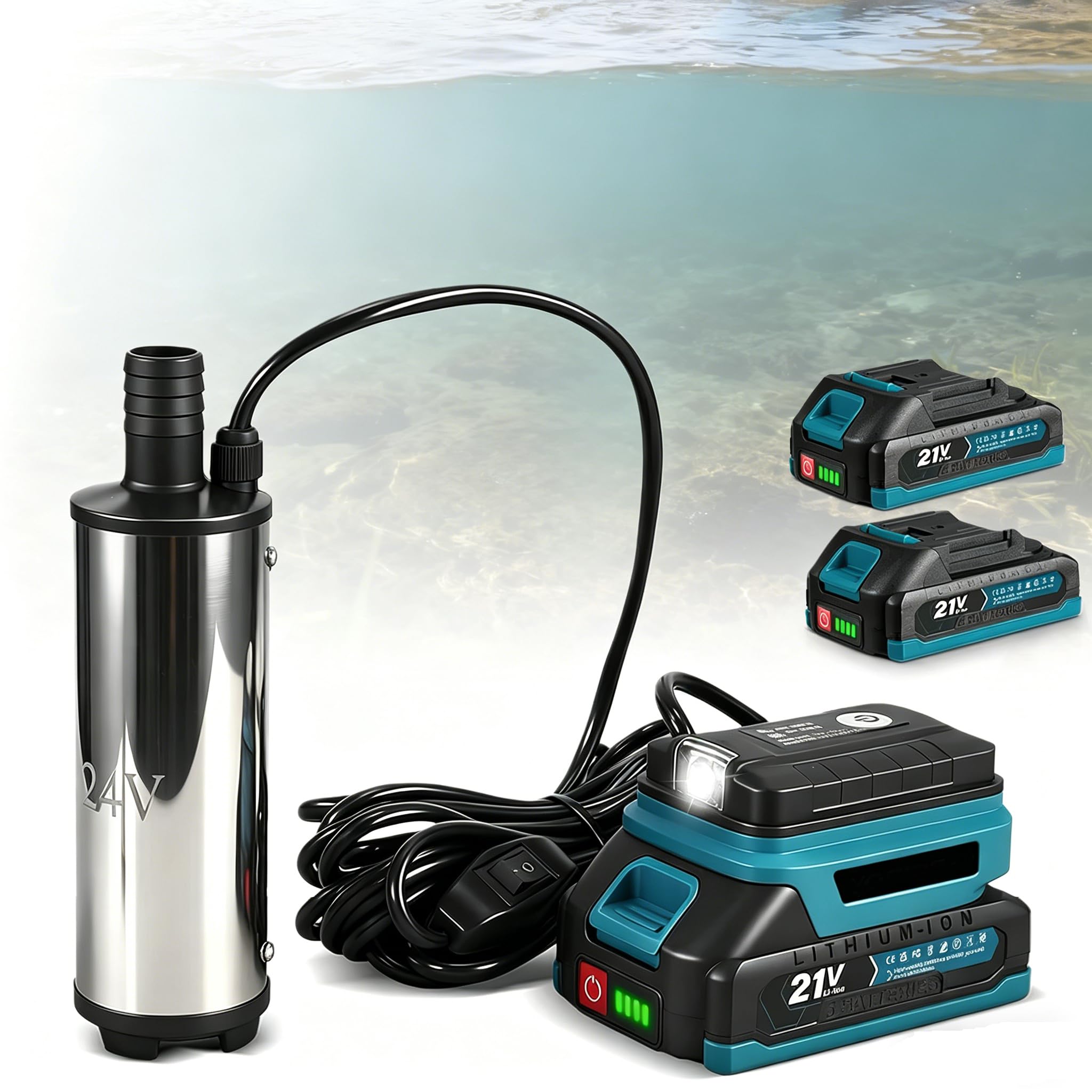 MultiMedia Pompe de transfert sans fil avec batterie 18 V, pompe à diesel/huile électrique, 60 W, 50-80 l/min, pompe à liquide portable pour jardin, piscine, chantier (2 piles)