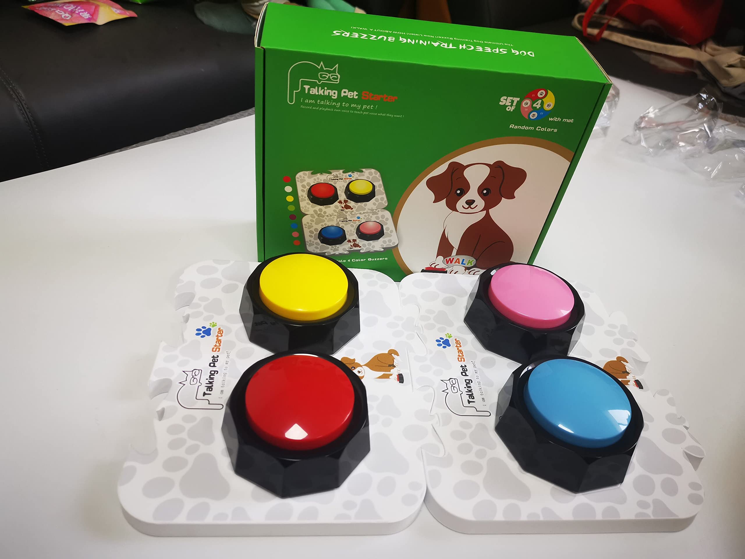 RIBOSY Soundboard, 4 Recordable Buttons with 2 Mats and 25 Stickers - Record and Playback Any Custom Message to Teach Your Dog Voice What They Want (Battery Included)
