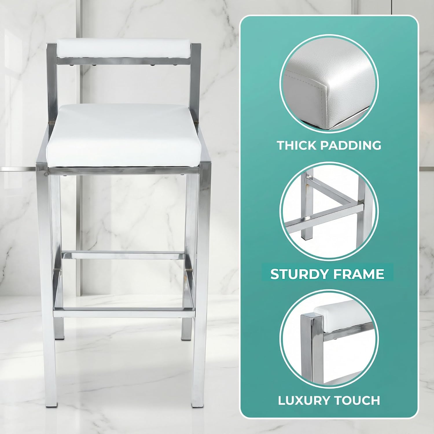 Hyfirm 30" H Silver Bar Stools Set of 4, Modern Faux Leather Bar Height Stools with Back with Chrome Frame for Kitchen Island Pub, White