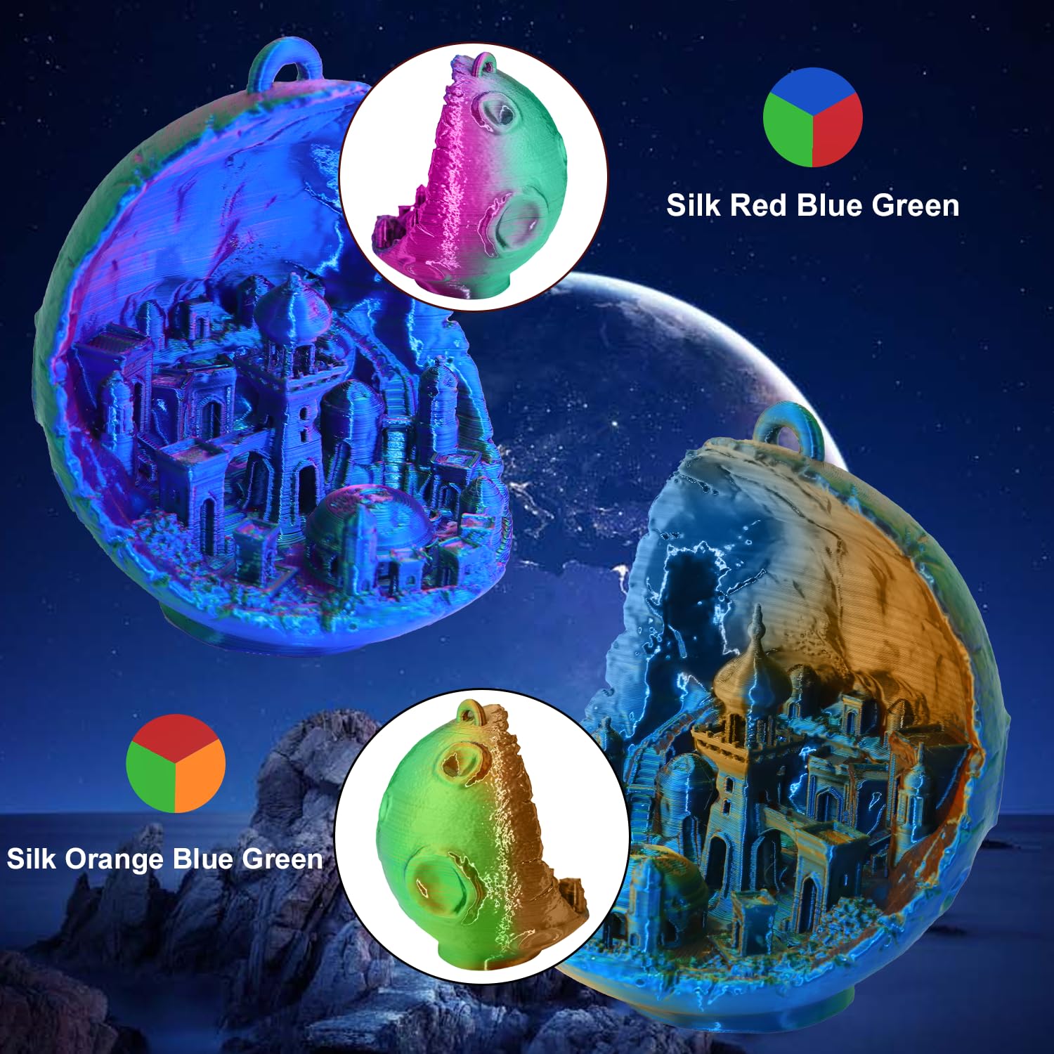 Goto Guard Silk PLA Filament,Tri Color Filament Bundle & Red Purple Gold PLA 3D Filament, Multicolor Filament for Most 3D Printer, 3D Printing Filament PLA 1.75mm
