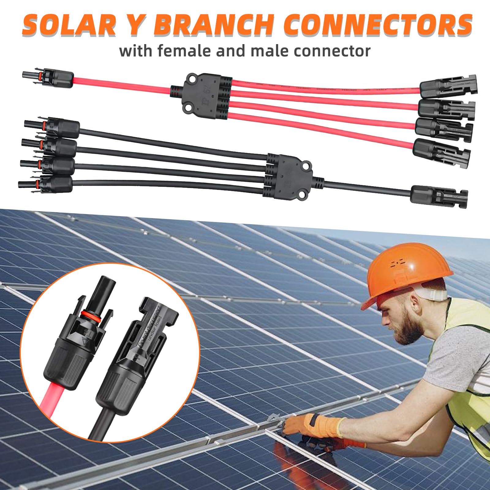 Cavo Solare a Y 4/1 Adattatore 6mm², Connettore a Y PV4 / Modello a T IP68 1500V, (M/FFFF, F/MMMM), Per Sistema & Pannello Solare, Sistema Fotovoltaico, Cavo PV (60cm)