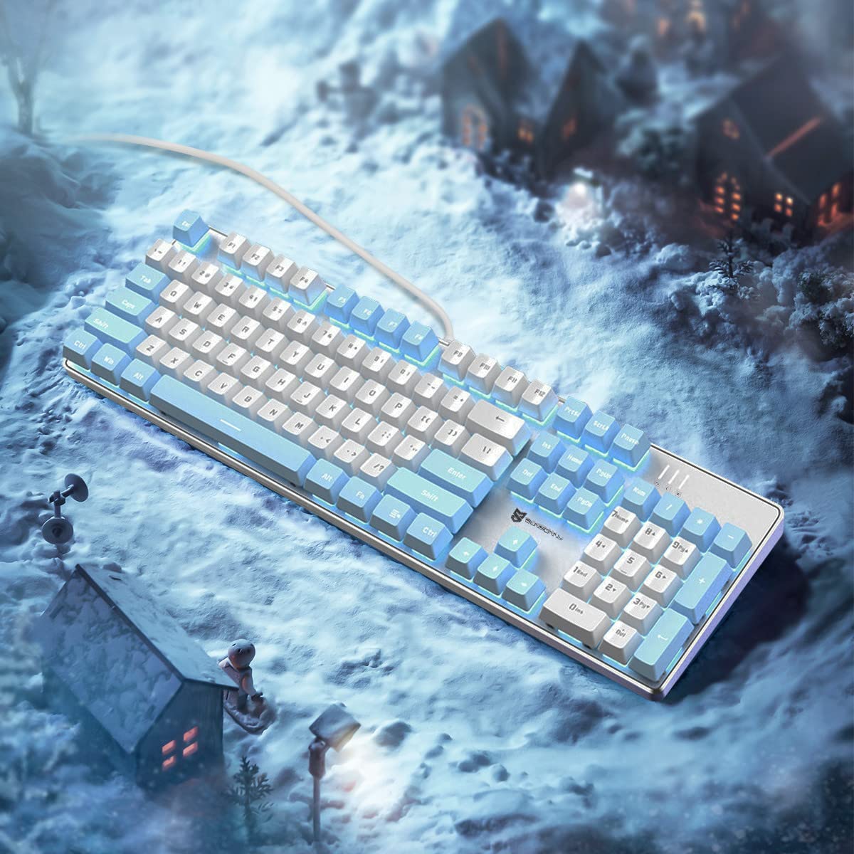 Qisan Teclado mecánico para juegos, teclado con cable LED retroiluminado, azul y blanco, 104 teclas, diseño americano, teclado para juegos con extraíble, interruptor marrón