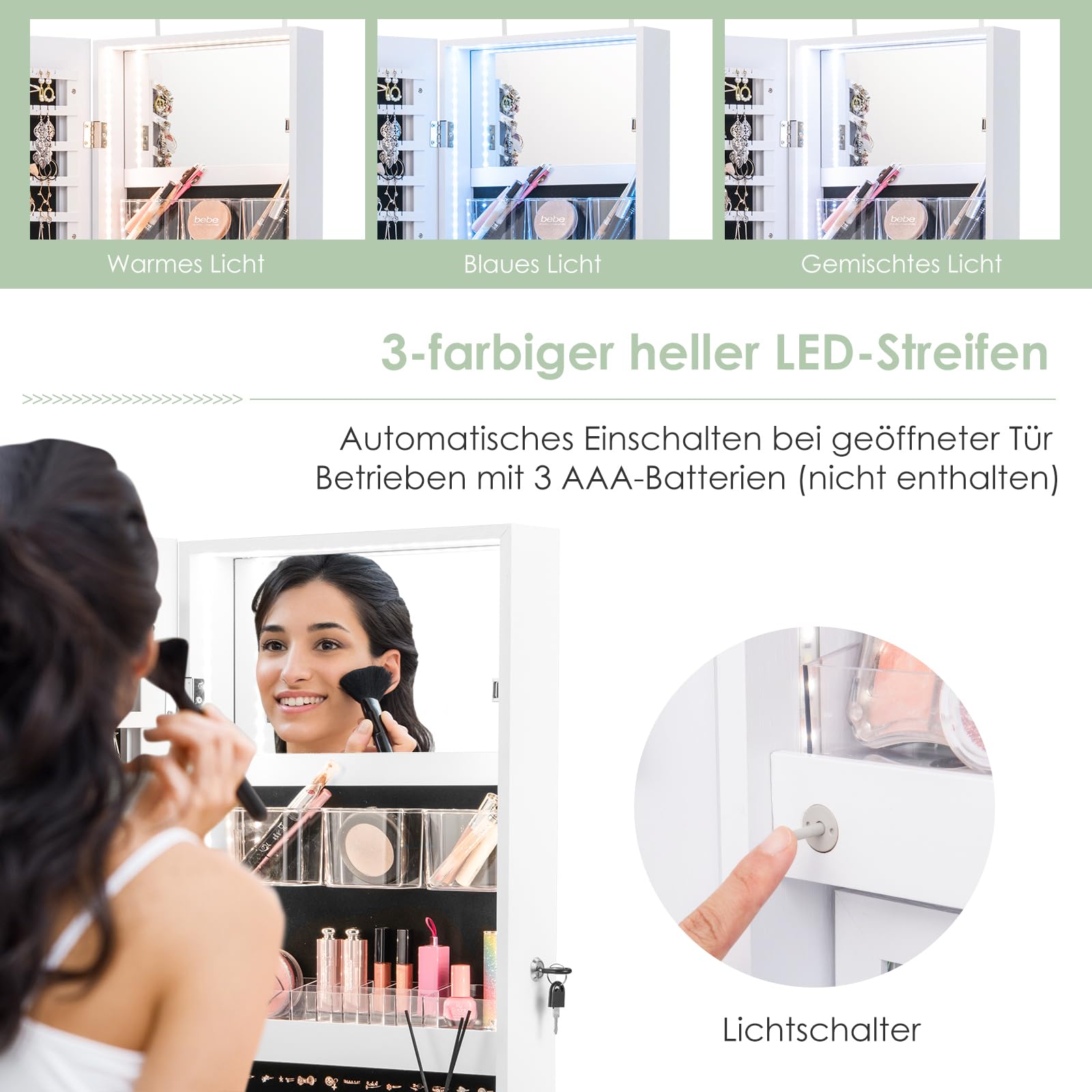 COSTWAY Schmuckschrank mit Ganzkörperspiegel, eingebautem Schminkspiegel & 3-farbigen LED-Lichtern, Schmuck Spiegelschrank für Ringe Kettenhaken Ohrringe, Wand- / Türmontage (Weiß)