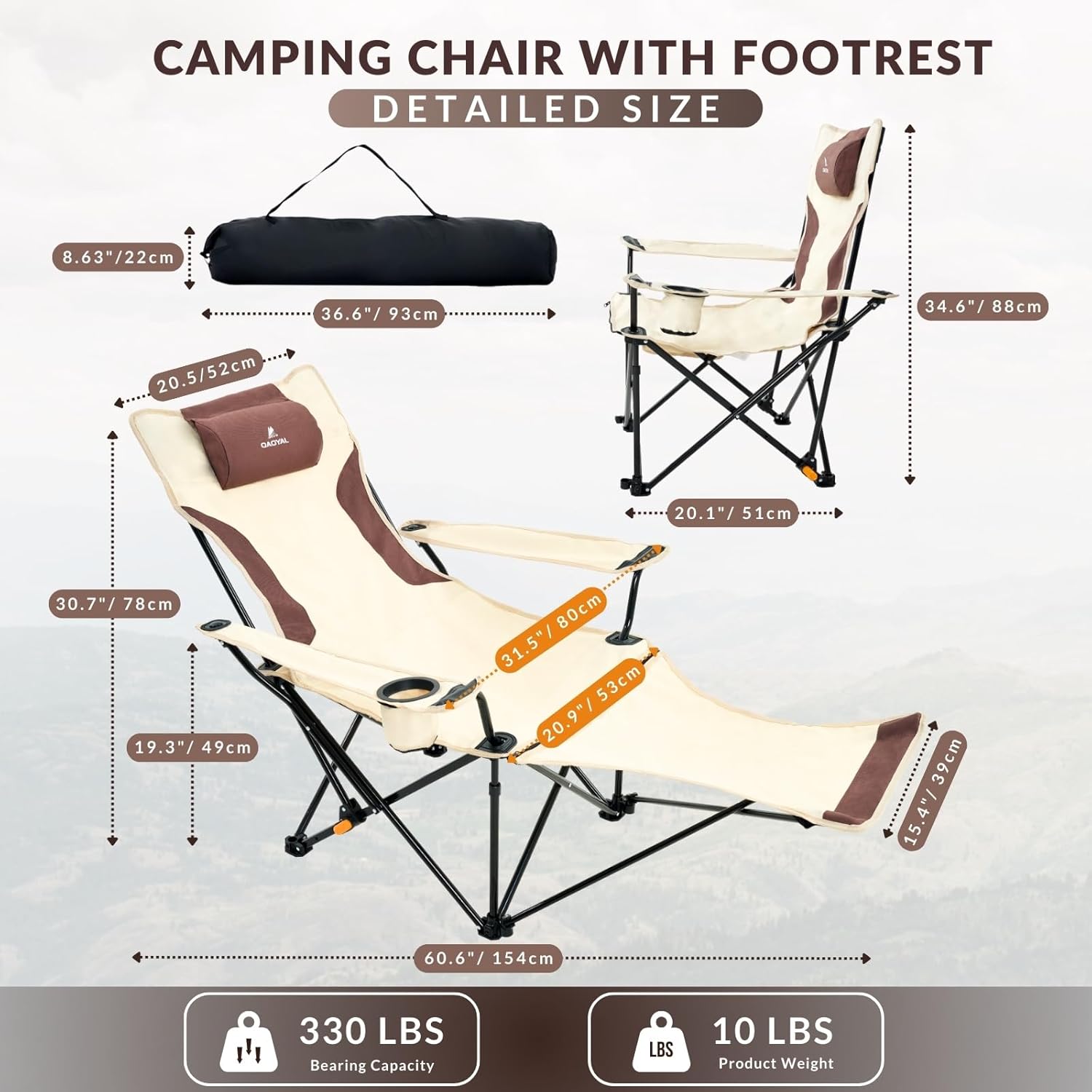 Reclining Camping Chair 4-Position Adjustable, Lightweight Folding Lounge Beach Chair for Adults with Removable Footrest & Headrest, Cup Holder & Storage Pouch for Outdoor(330lbs Capacity), Beige - Image 2
