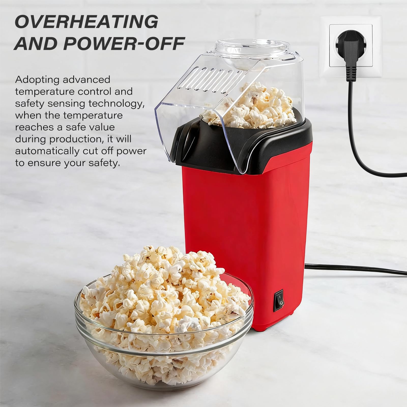 Macchina per popcorn ad aria calda, 1200W Mini macchina per popcorn ad aria calda senza olio e grassi, avvio rapido in 3 minuti, One-Touch, funzionamento compatto, macchina per popcorn design retrò